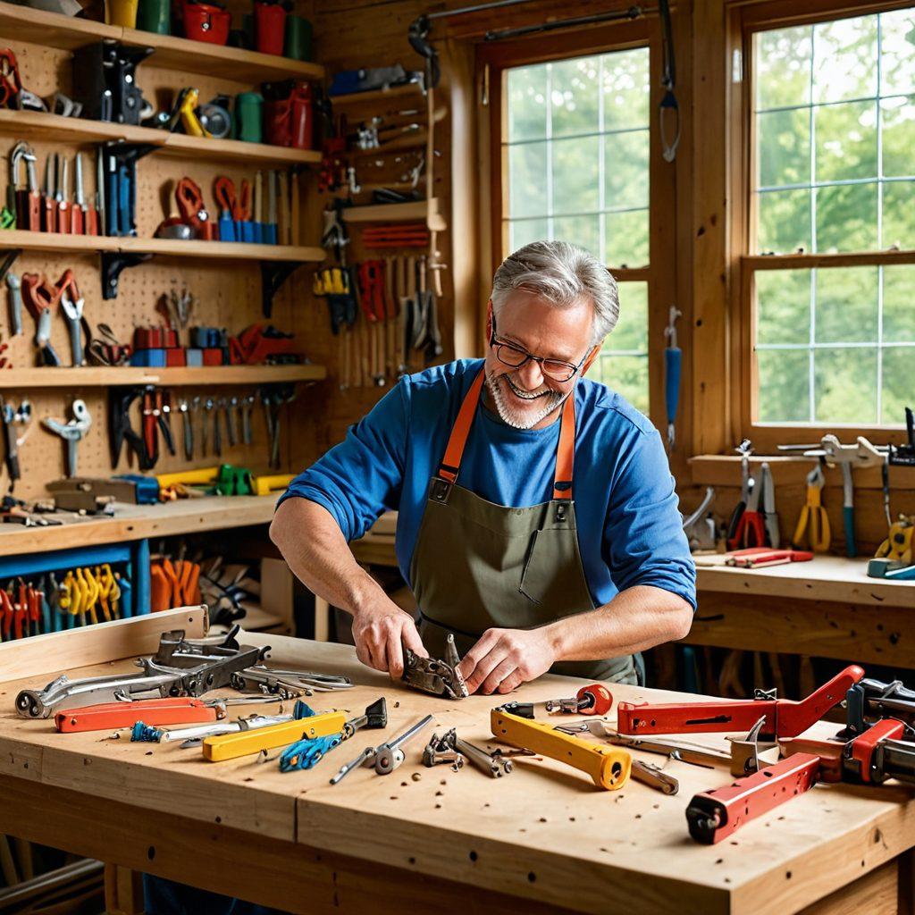 A cheerful scene featuring a variety of colorful clamps in action, showcasing their versatility in a workshop setting. Include a smiling craftsman using clamps on a woodworking project, surrounded by tools and wood pieces, symbolizing creativity and joy. Bright sunlight streaming through the window, creating a warm and inviting atmosphere. super-realistic. vibrant colors. warm lighting.