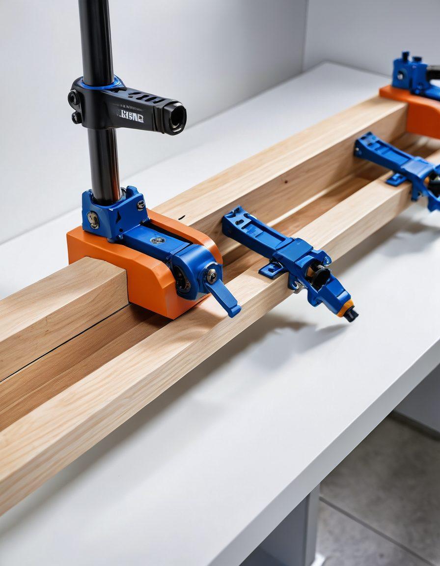 A close-up of a robust and innovative clamping system used in various projects, showcasing its sleek design and durability in action. Surrounding the clamping system, a dynamic workspace filled with blueprints, tools, and materials emphasize collaboration and creativity. Soft natural lighting highlights the texture and functionality of the clamps. super-realistic. vibrant colors. white background.