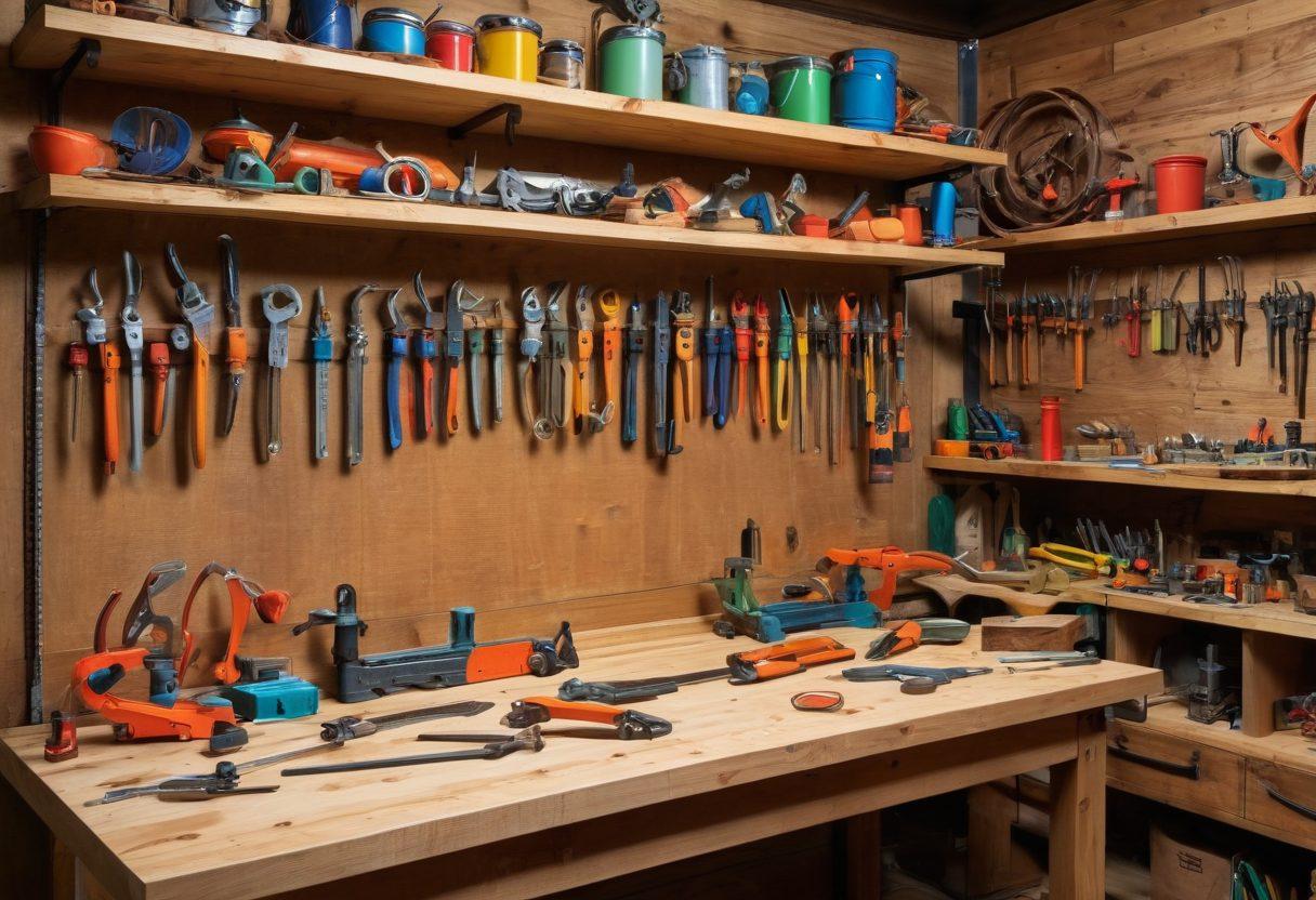 A bright, inviting workshop filled with various innovative clamping tools displayed prominently on a wooden table. Tools like spring clamps, C-clamps, and adjustable bar clamps are artistically arranged next to a colorful array of DIY projects such as wooden furniture and crafts. The background features shelves lined with essential tools and materials, emphasizing a DIY atmosphere. Soft, warm lighting creates a welcoming feel. vibrant colors. super-realistic.